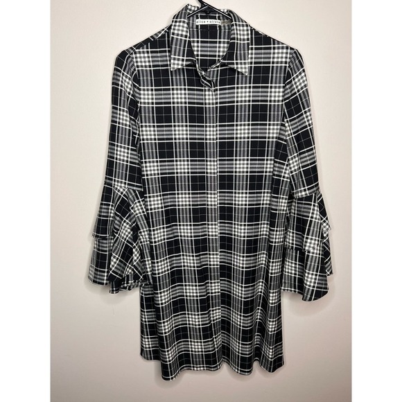 Alice + Olivia Jem Plaid Ruffle Bell Sleeve Button Shirt Dress Black Women's S/P - Picture 6 of 13